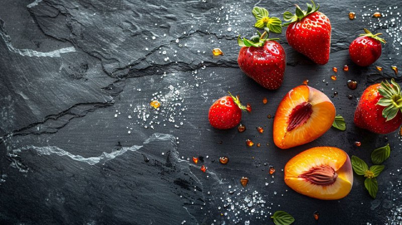 Strawberry and Peach Jam on Black Stone Table Photo