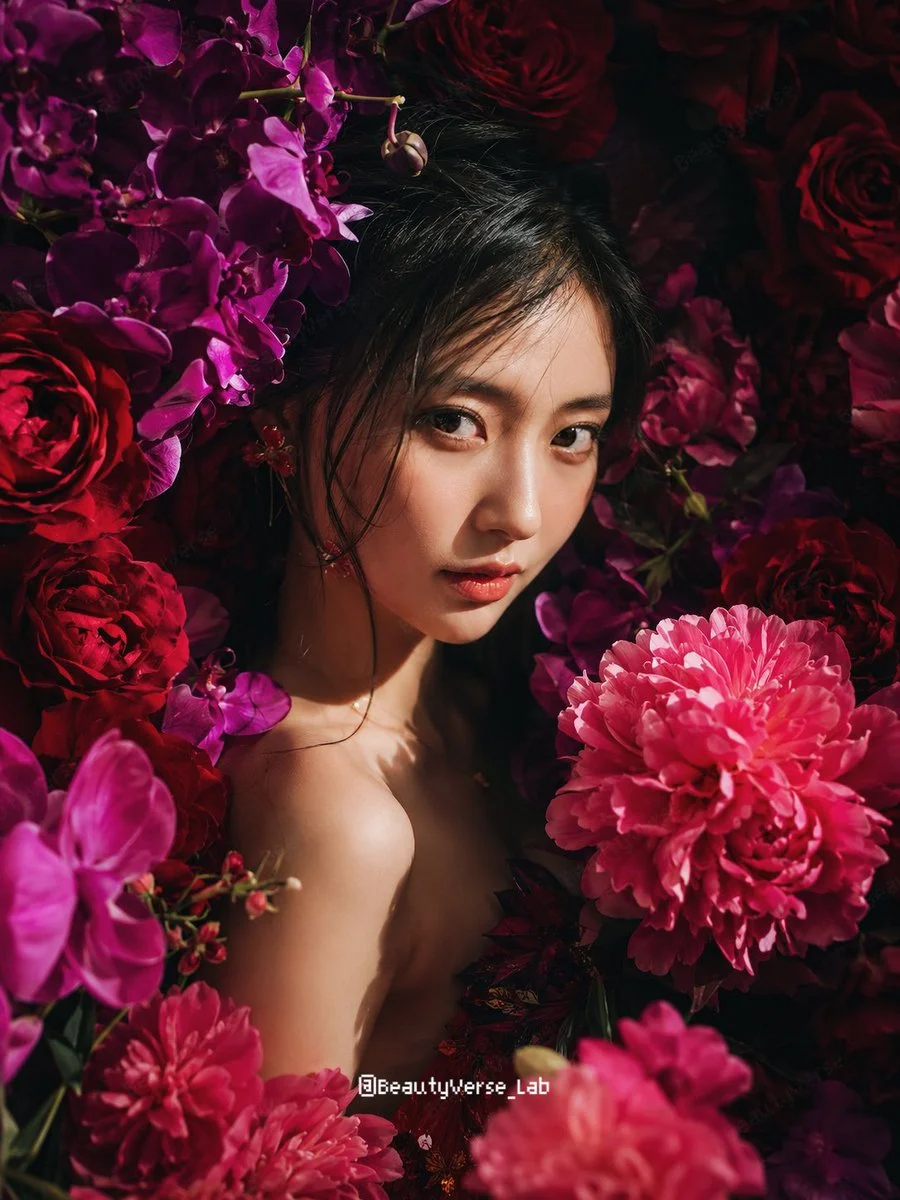 Girl Immersed In Dramatic Flower Sea