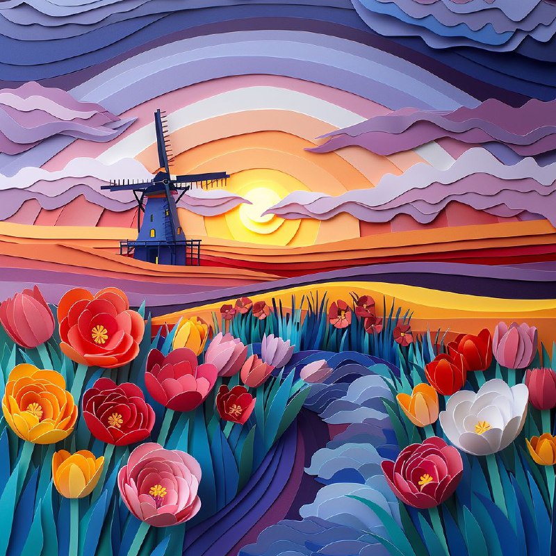 3D Papercut Holland Tulip Fields With Windmills Sunset
