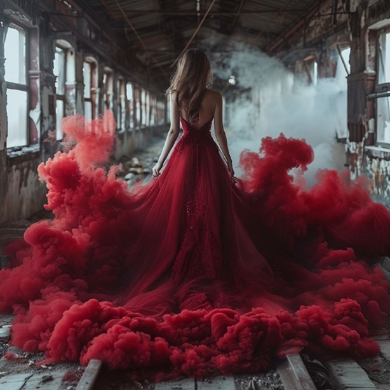Woman in Dark Red Dress Dissolving Into Smoke at Sunset