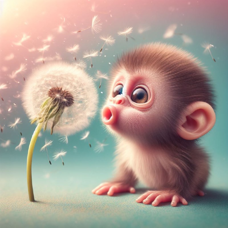 Baby Monkey Blowing Dandelion Fluff Whimsical Photo