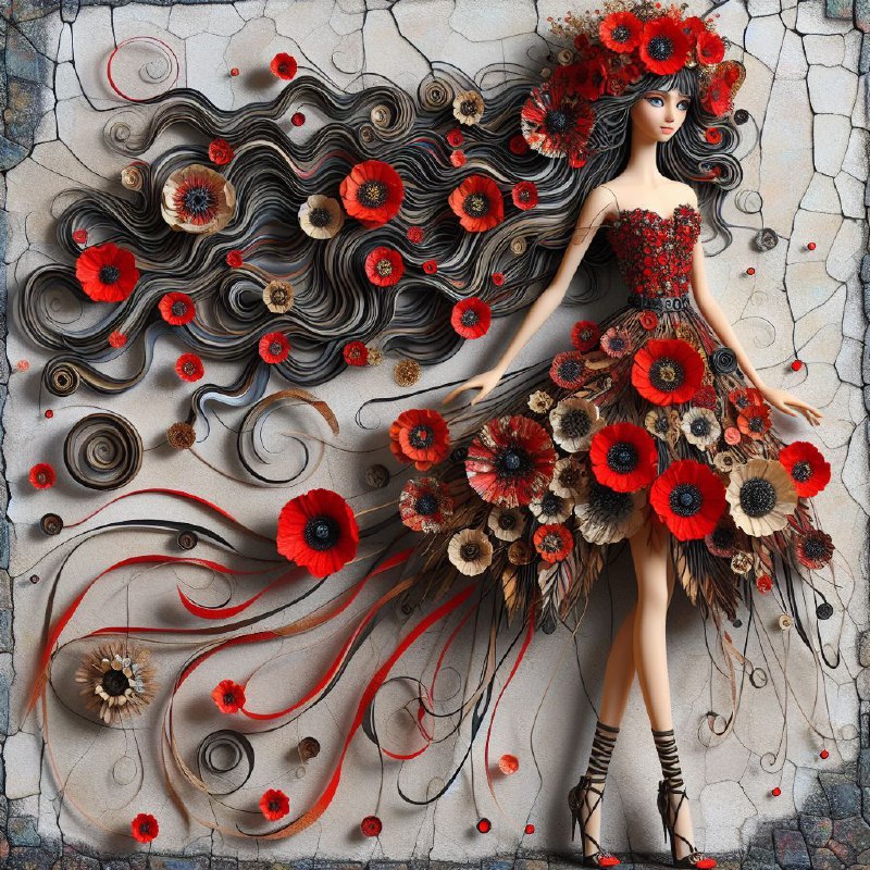 Folk Art Woman in Poppy Paper Flower Dress and Crown
