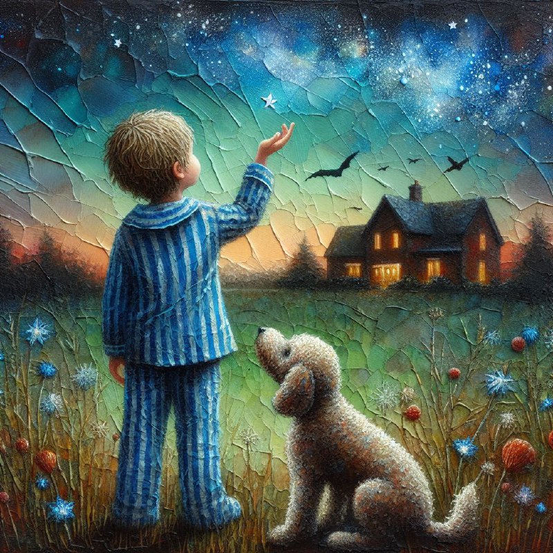 Boy in Pajamas Catching Falling Star Textured Painting