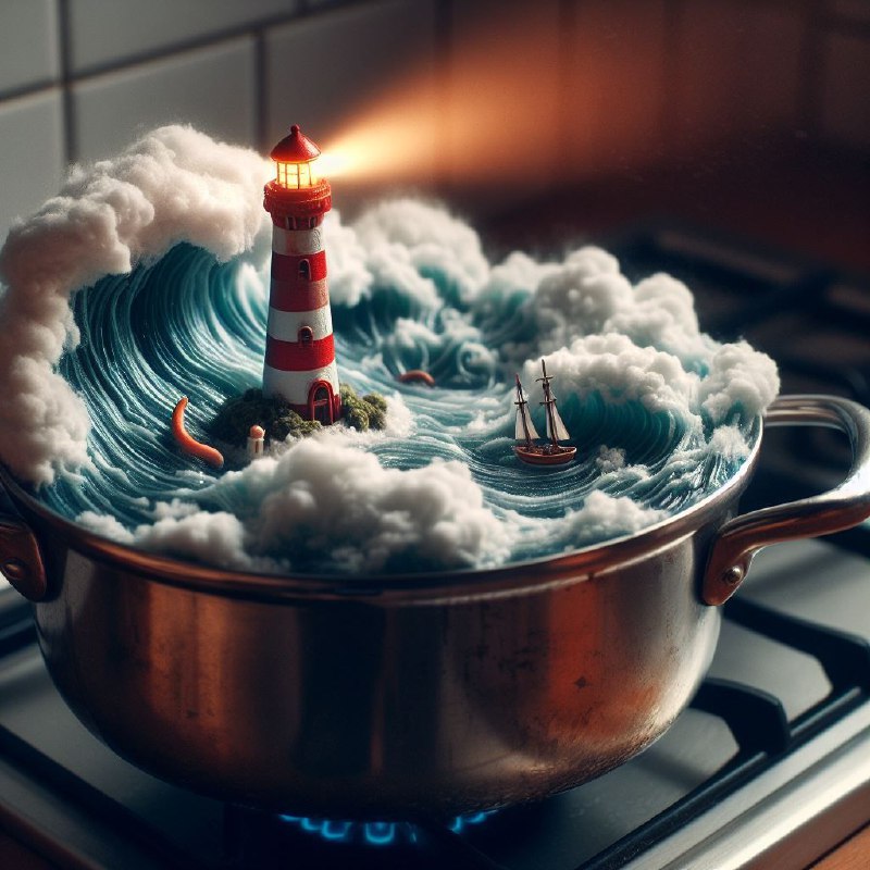 Miniature Storm and Lighthouse Inside Boiling Soup Pot