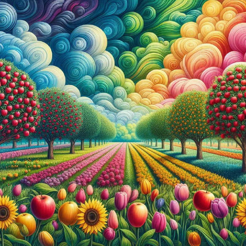 Swirling Painted Sky Over Apple Trees and Sunflowers