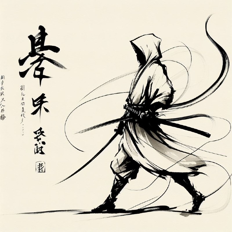 One-Line Sumi-e Painting of Japanese Ninja Warrior