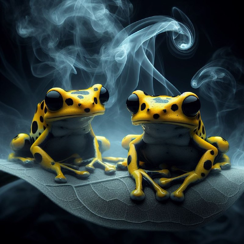Two Glossy Yellow Spotted Frogs on Grey Leaf