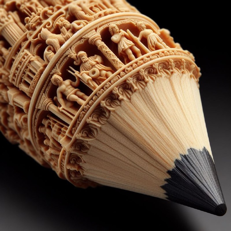 Miniature Human Figures Carved Into Wooden Pencil