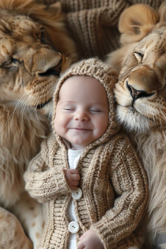 Smiling Baby in Knitted Suit With Two Kissing Lions