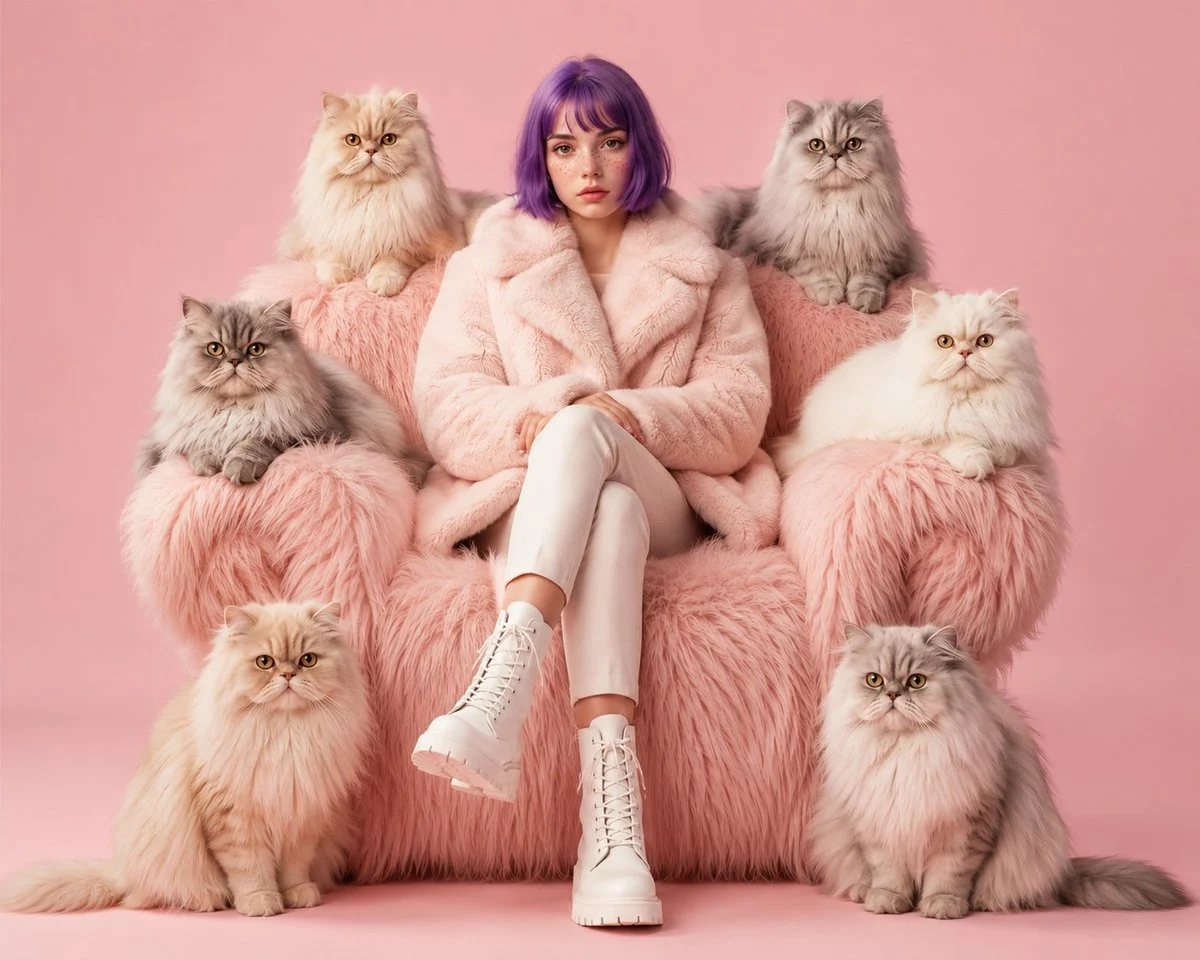 Luxury Pink Fashion Editorial With Cats