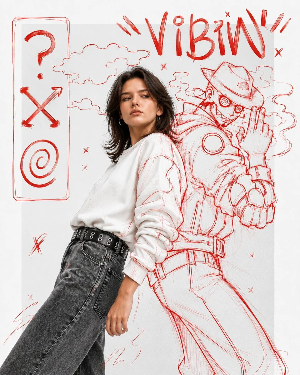Red Sketch Fashion Editorial Portrait