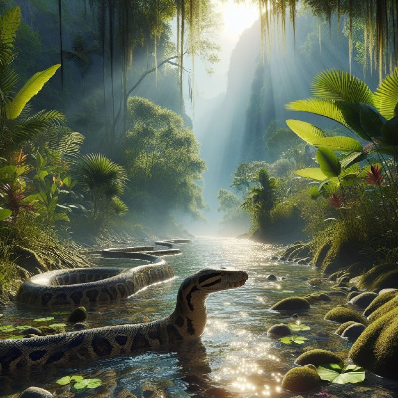 Anaconda Winding Through Shimmering Jungle Water