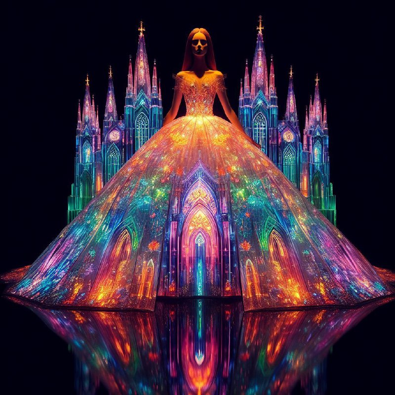 Glowing Cathedral Ball Gown on Pitch Black Background