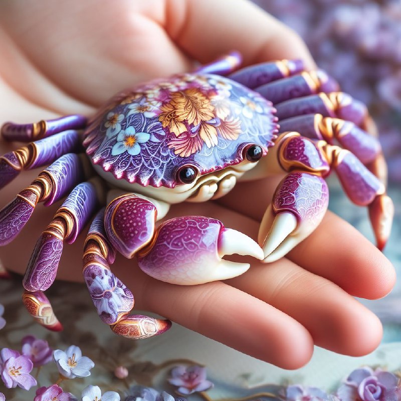 Porcelain Crab With Purple and Gold Floral Patterns