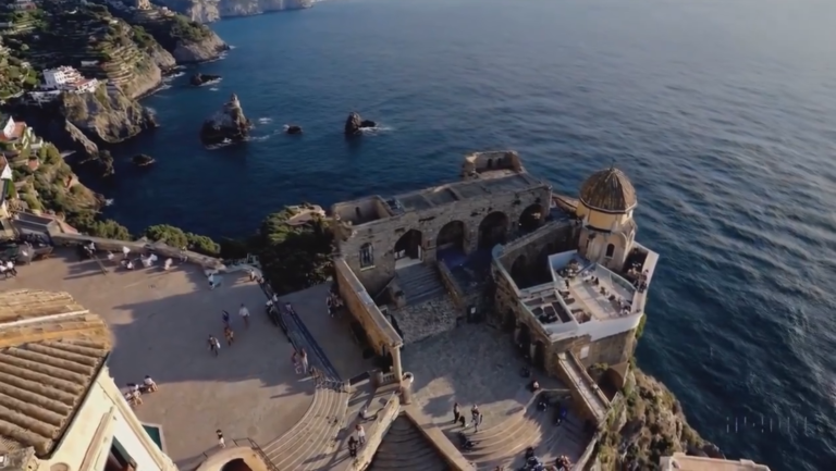 Prompt: Drone flies historic church