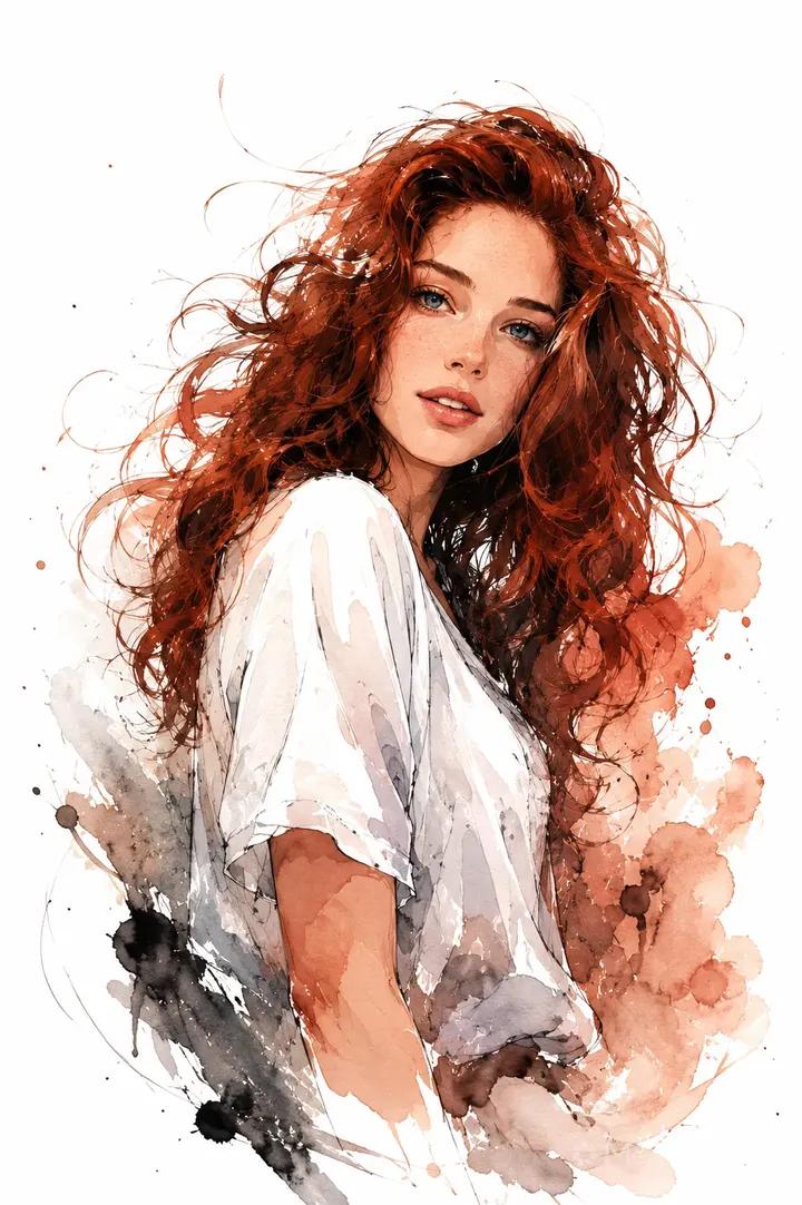 Red Hair Watercolor Portrait Art