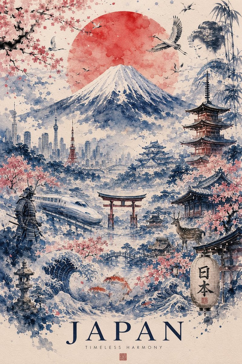 Japan Watercolor Travel Poster Art
