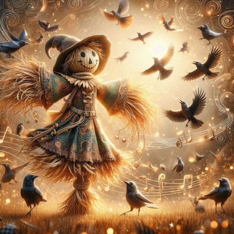 Whimsical Scarecrow Dancing with Crows