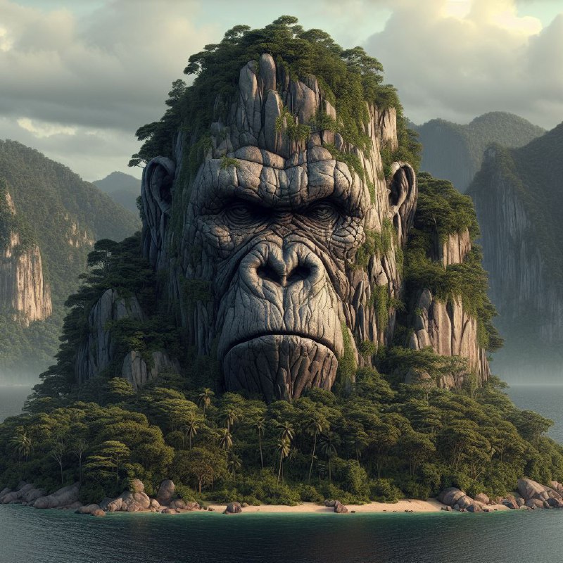 Lion Head Rock Formation on Lush Island Landscape