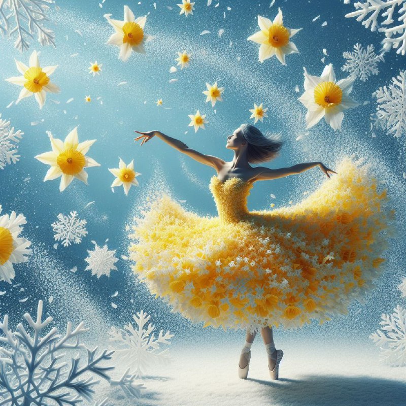 Ballet Dancer in Daffodil Dress Twirling With Snowflakes