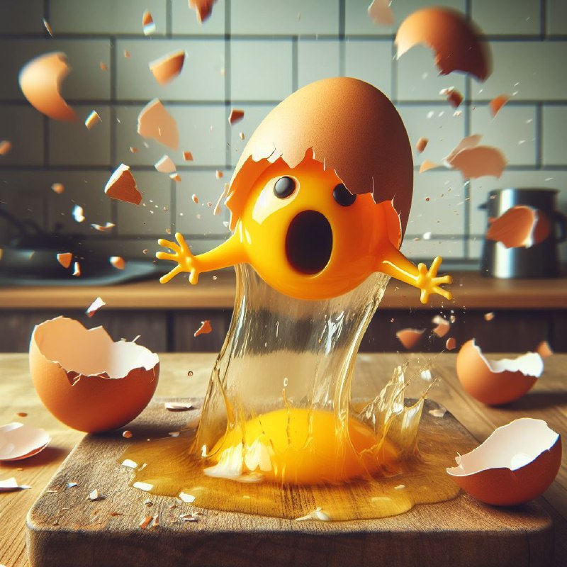 Flying Egg With Horrified Yolk Face in Kitchen Scene