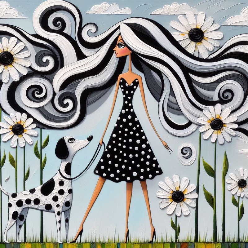 Whimsical Impasto Folk Art Woman With Her Dalmatian