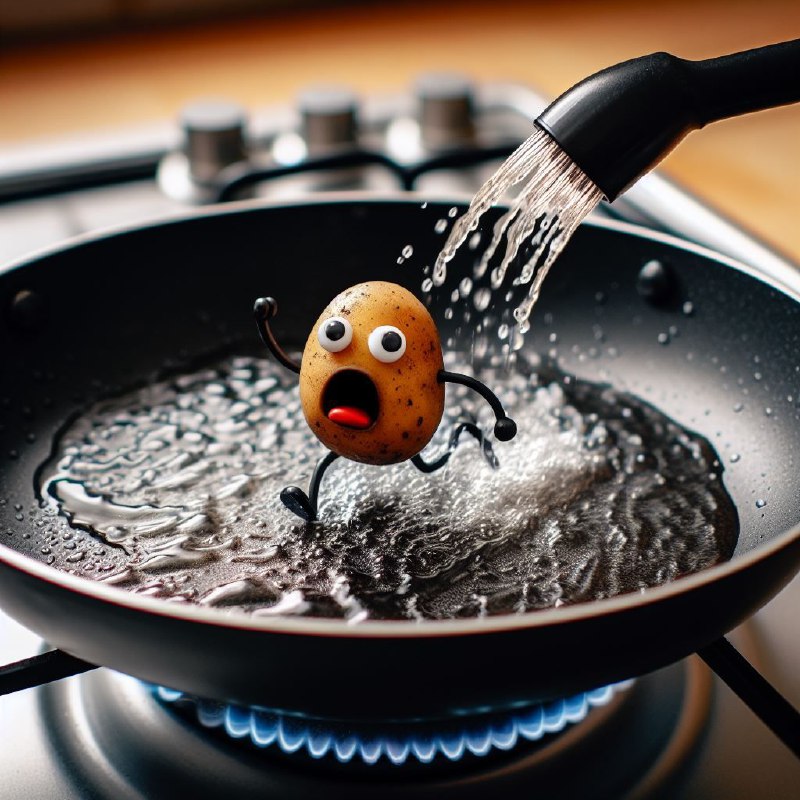 Screaming Potato Figure Fleeing Sizzling Hot Pan