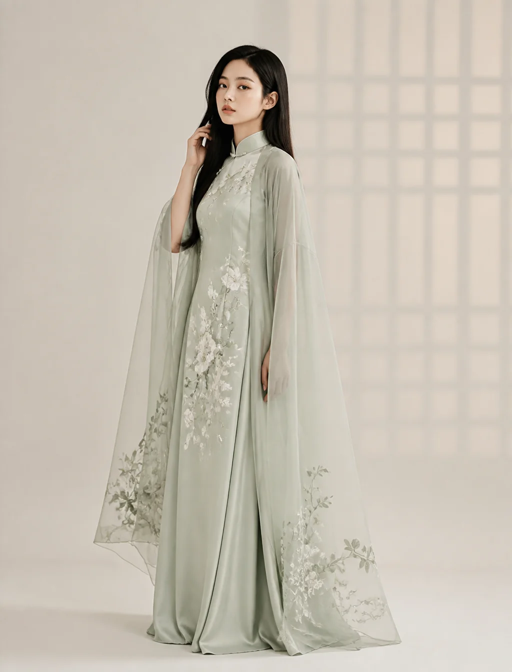 Elegant Sage Robe Fashion Editorial