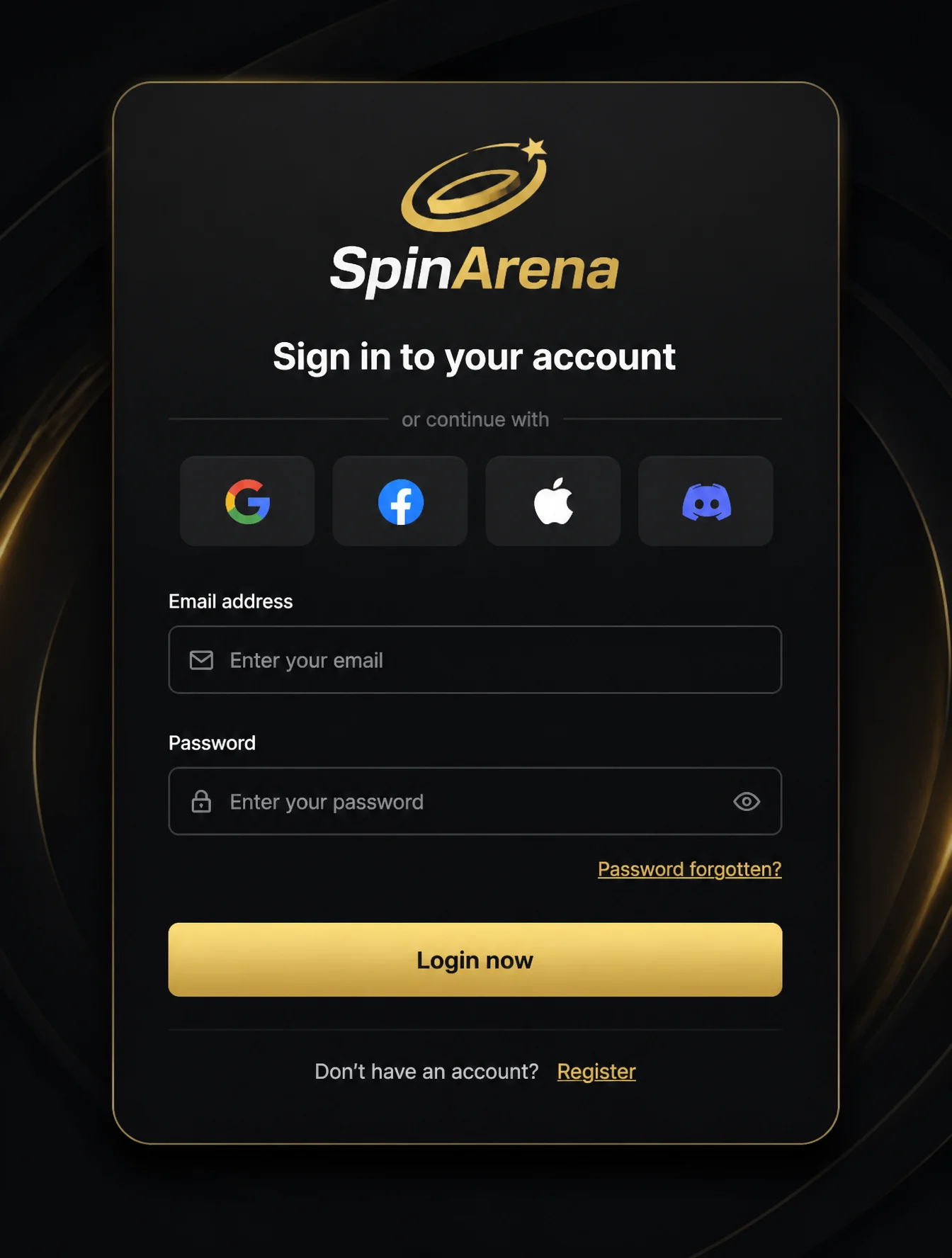 SpinArena Sign In Page Design