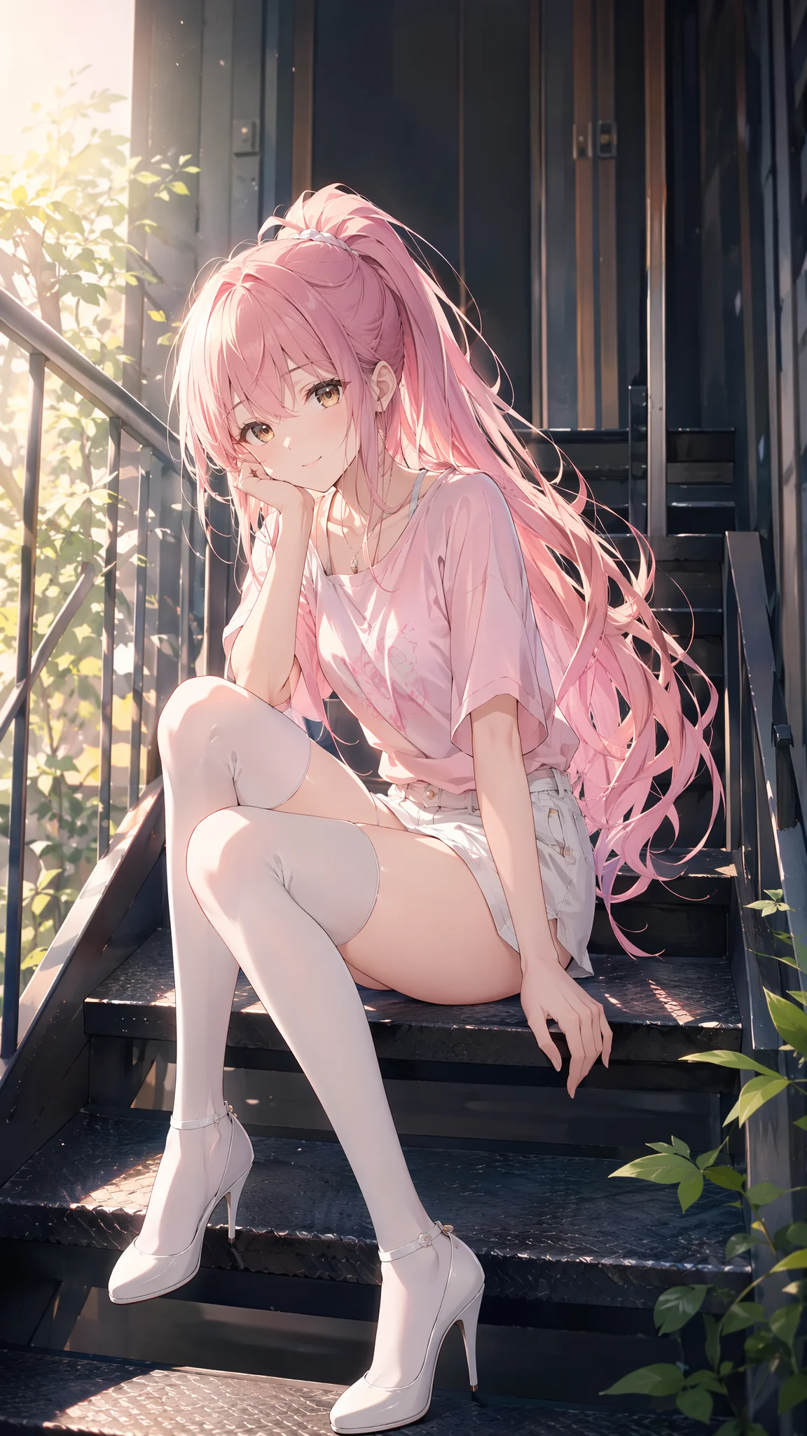 Pink Hair Anime Girl Stairs Wallpaper