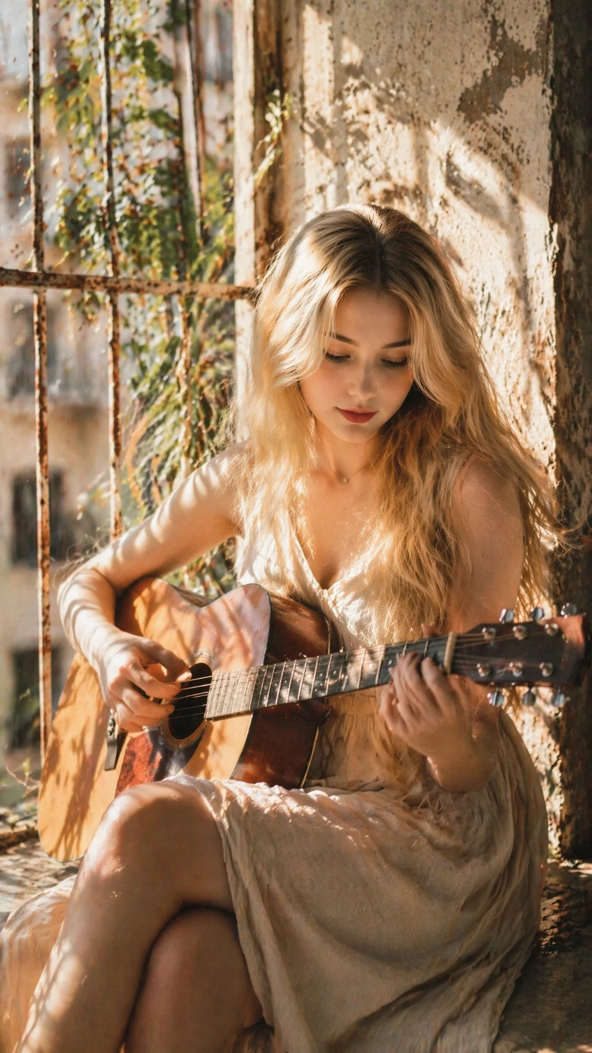 Vintage Sunlit Guitar Girl