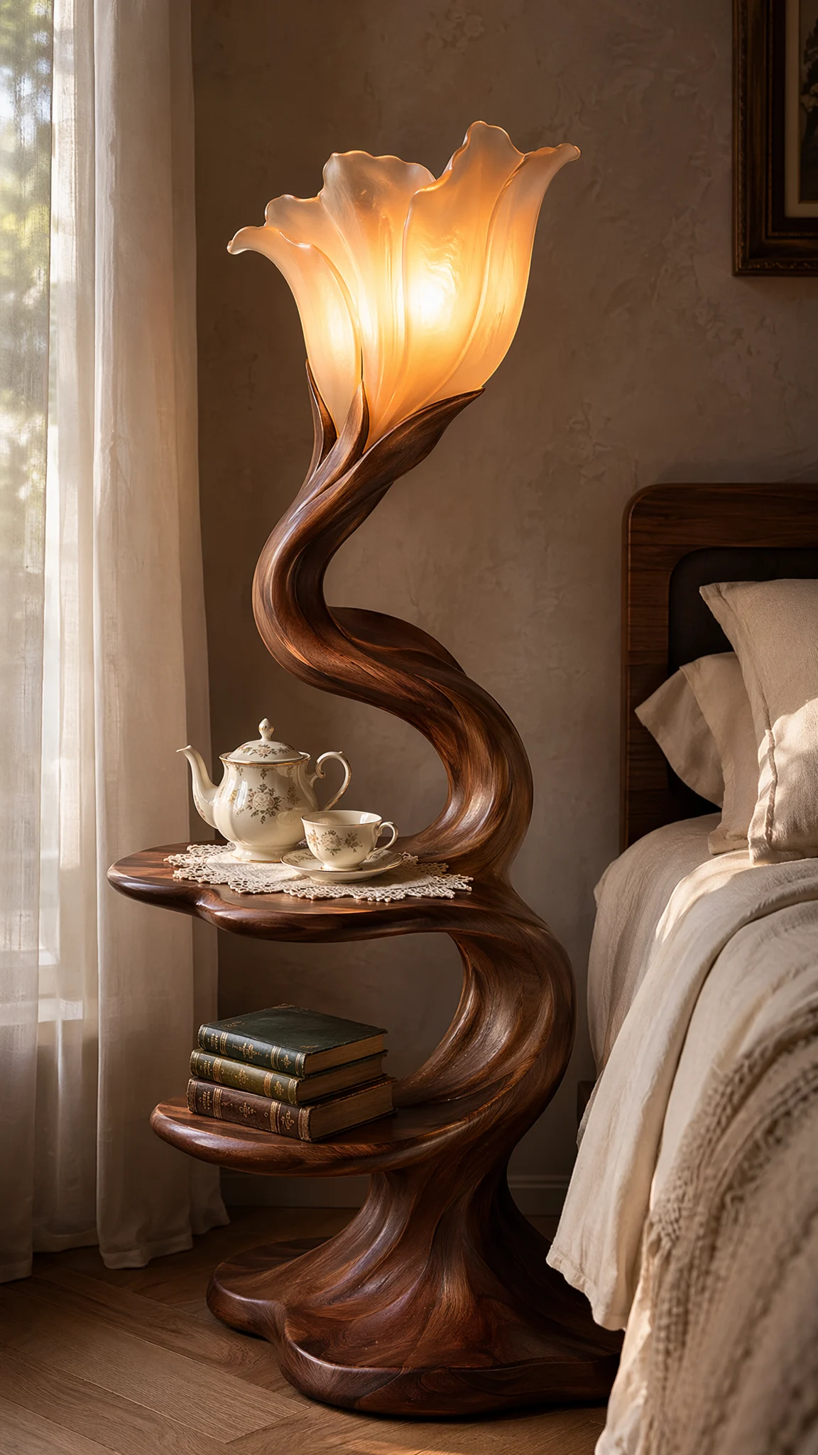 Art Nouveau Walnut Lamp-Nightstand Fusion