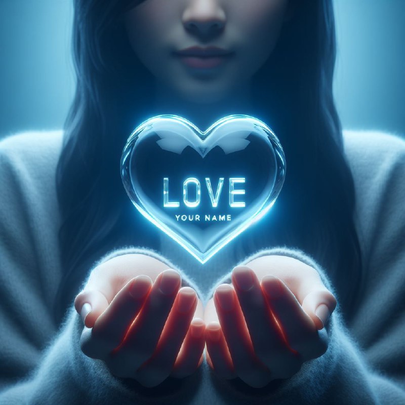 Hands Holding Transparent Blue Glass Love Logo