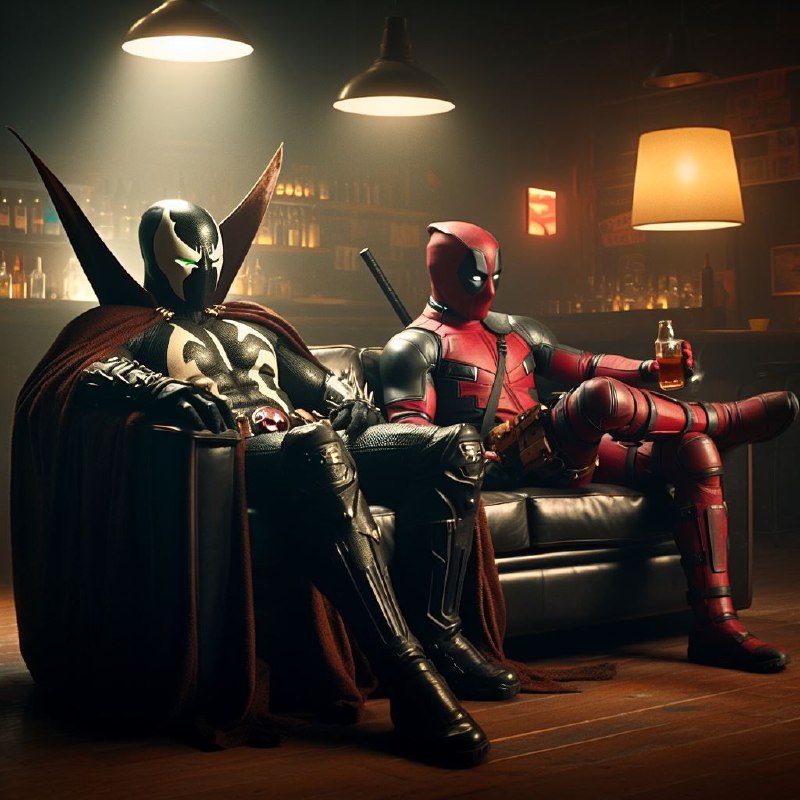 Deadpool and Spawn Sharing Drinks Cinematic Scene