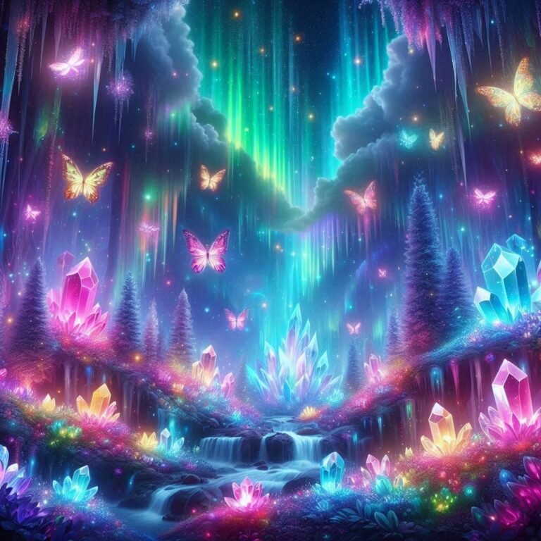 Magical Crystal Forest with Aurora Borealis
