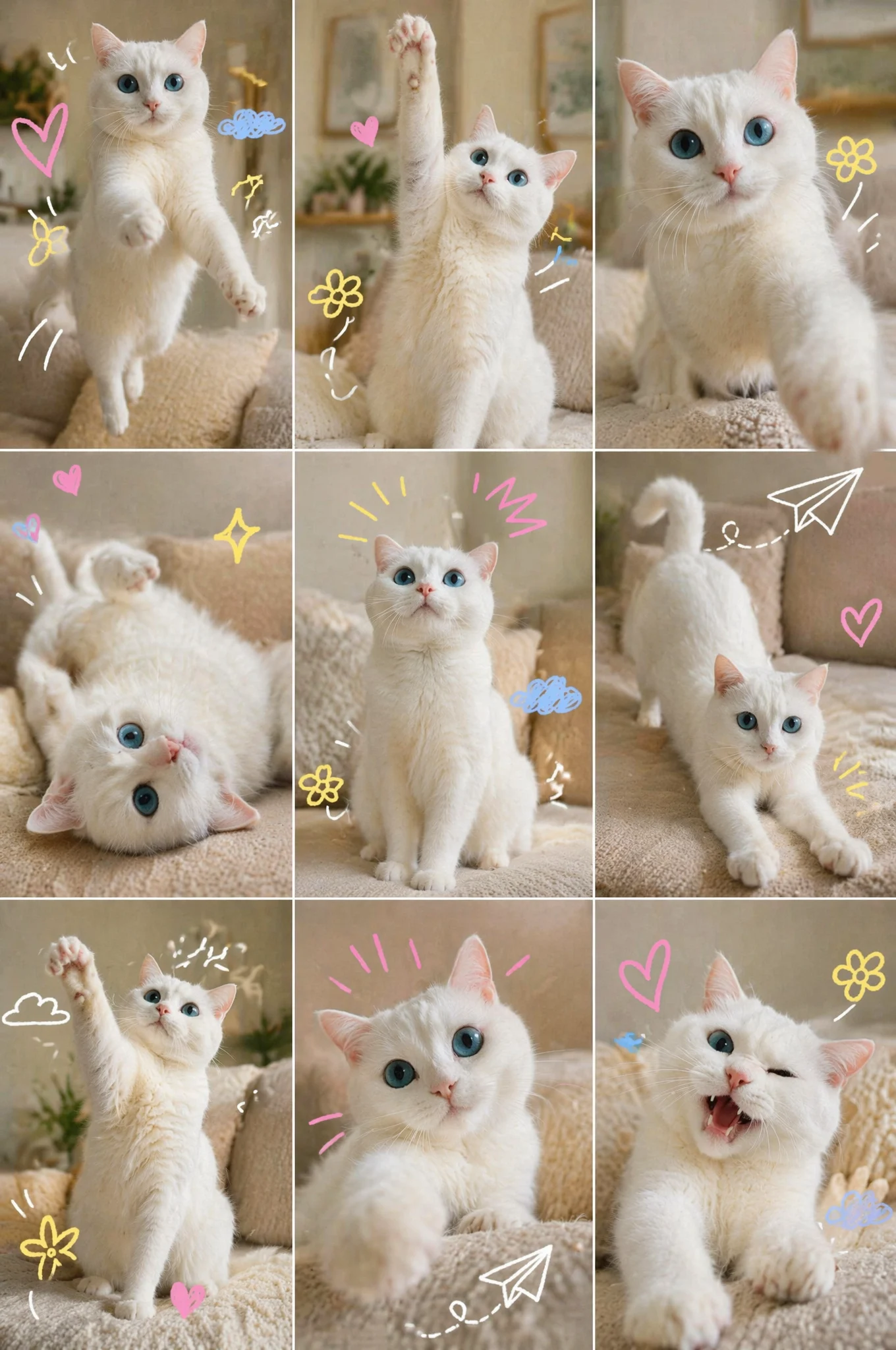 Playful White Cat Collage Grid