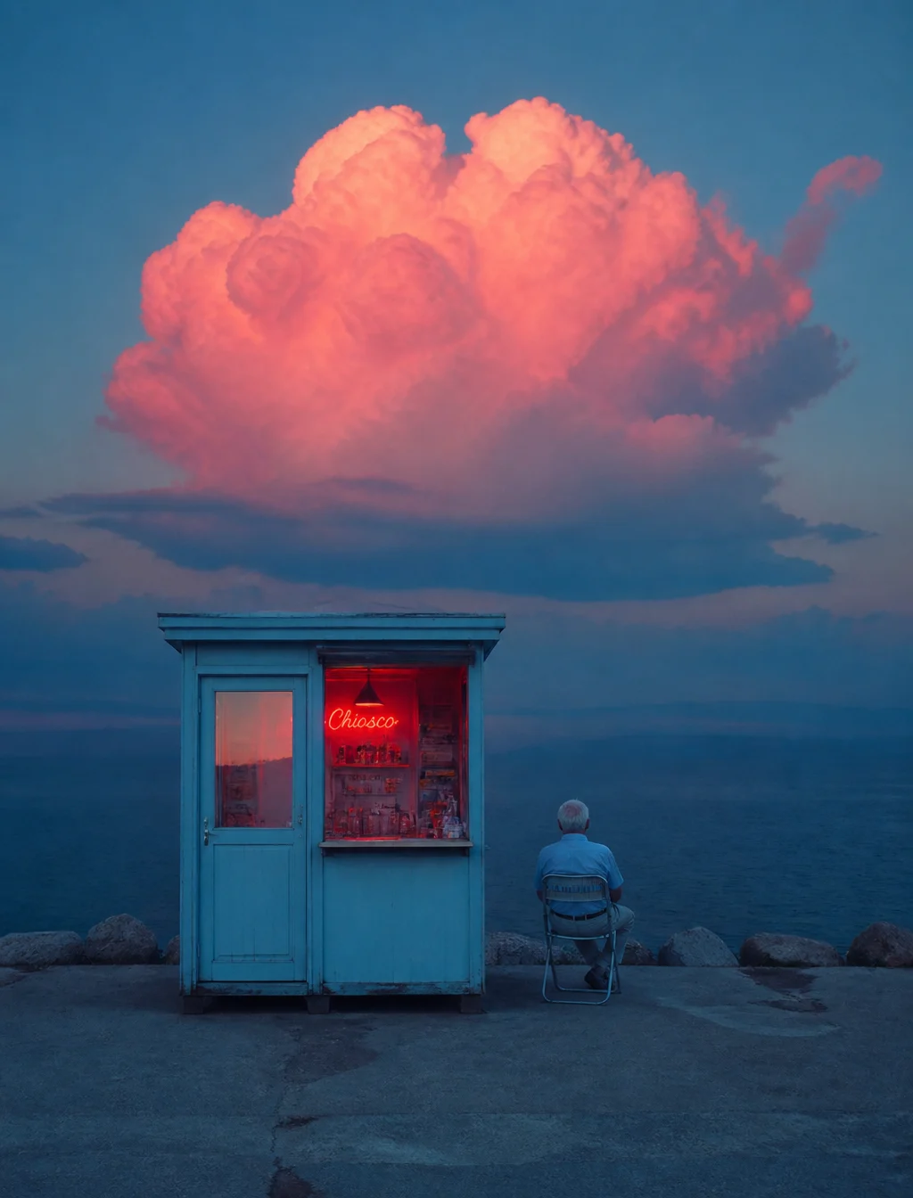 Lone Elder Watching Pink Cloud
