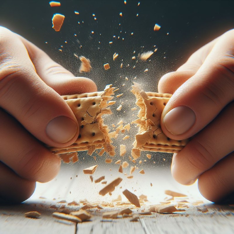 Hands Breaking Crackers Close-Up With Flying Crumbs