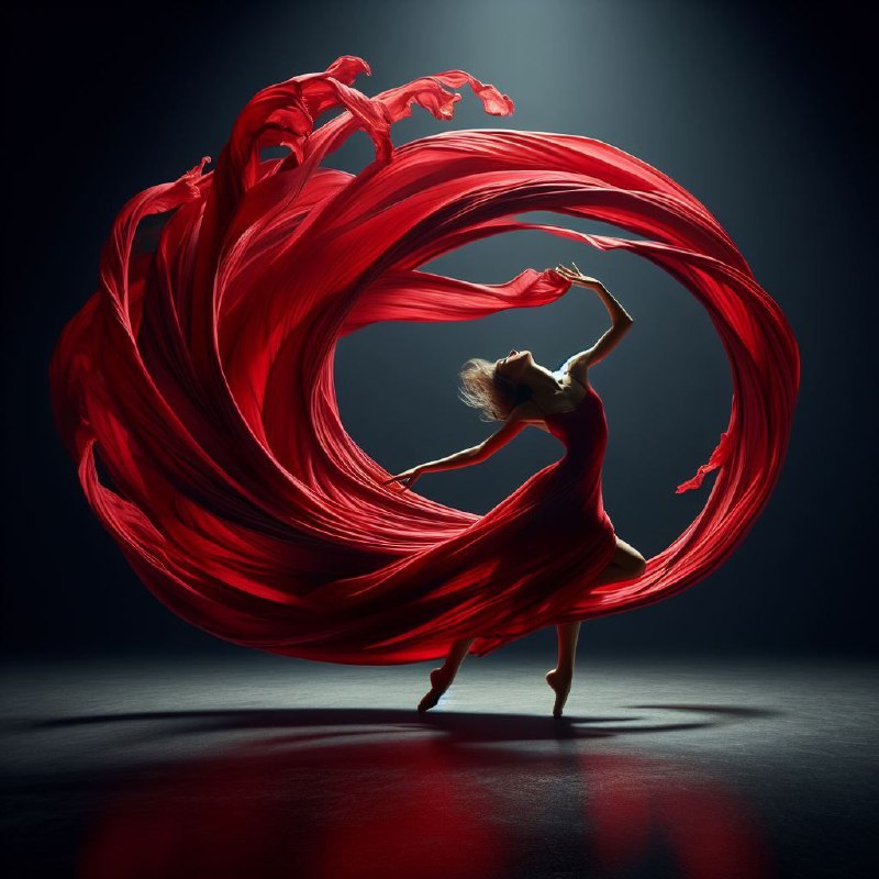 Dancer Swirled in Dramatic Red Fabric on Dark Stage
