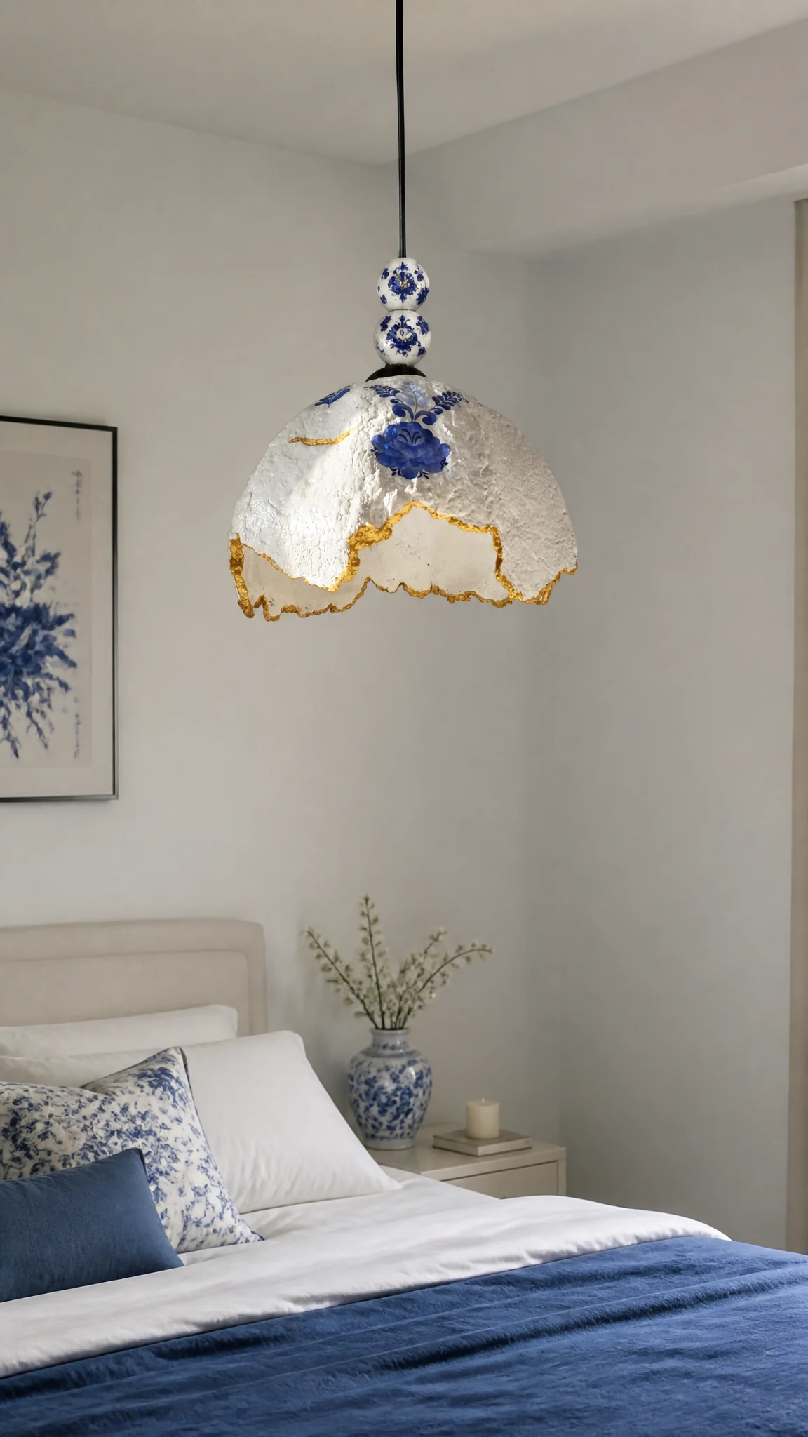 Blue Floral Papier-Mâché Pendant