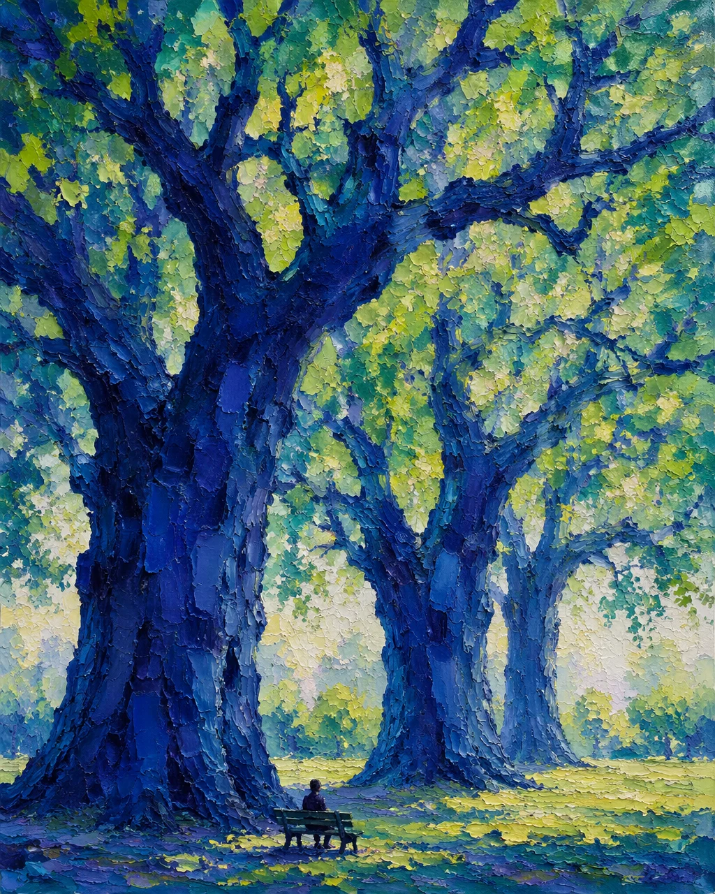 Cobalt Blue Ancient Trees Impasto Painting