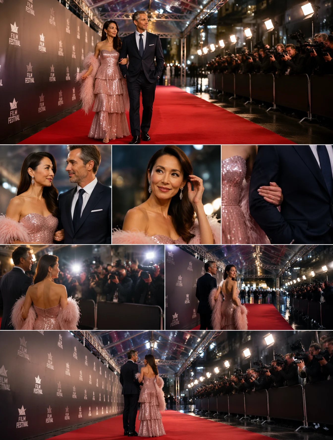 Rain-Kissed Red Carpet Glamour