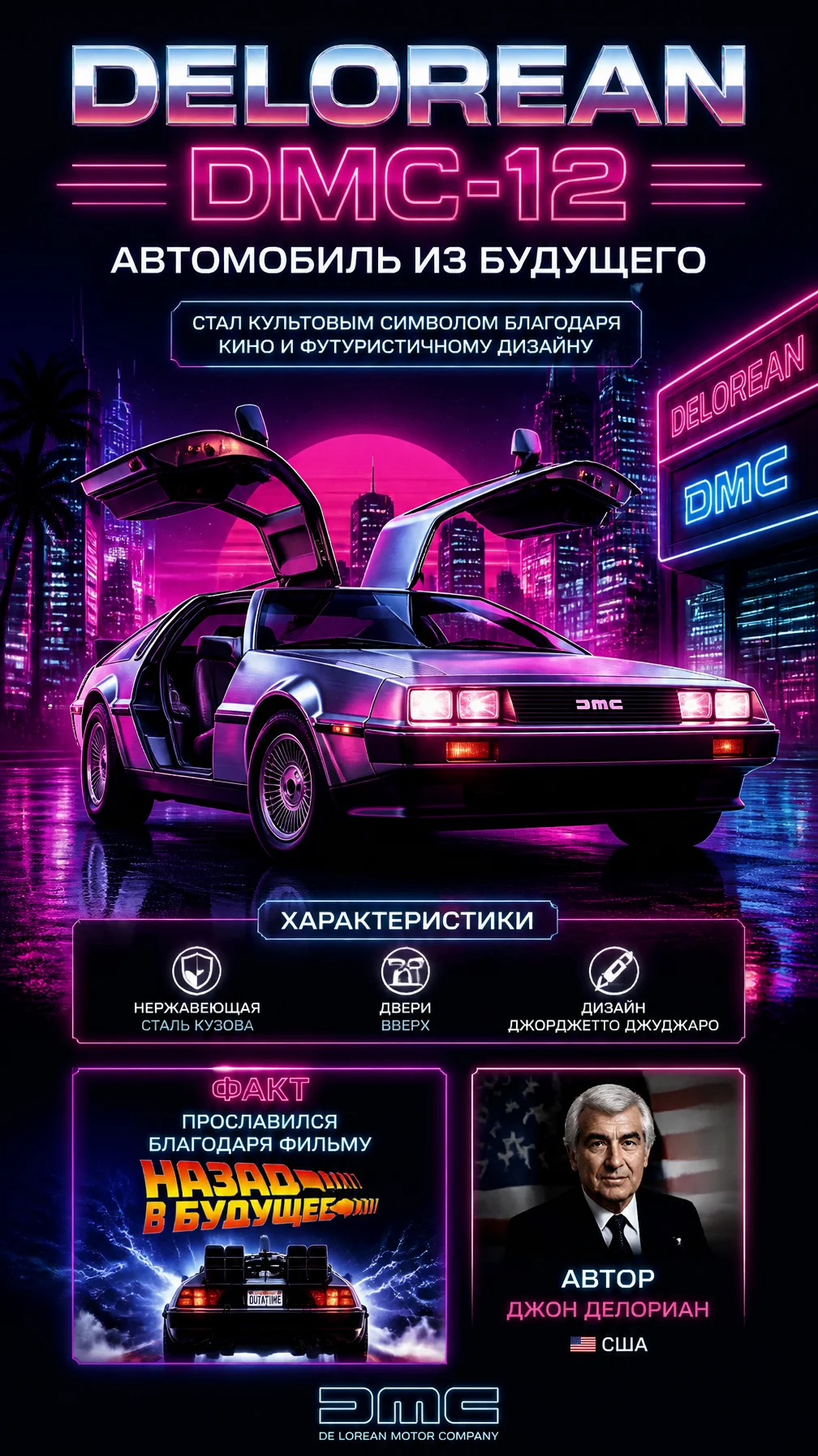 DeLorean DMC-12 Neon Retro Poster