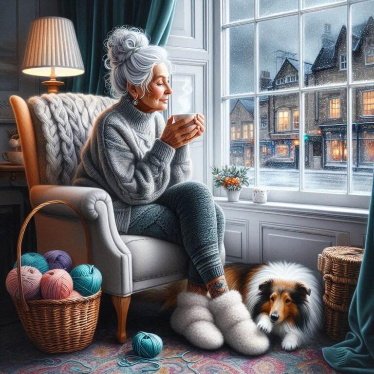 Elderly Woman Cozy Winter Scene Art