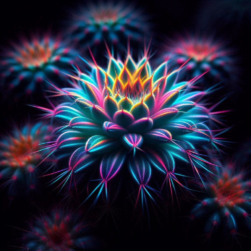 Cactus With Fluorescent Glowing Spines in the Dark