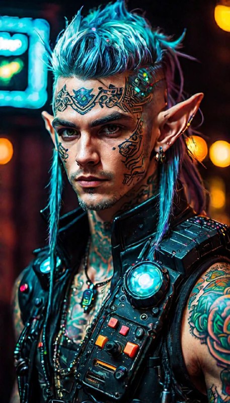 Retro Arcade Cyberpunk Elf Portrait With Tattoos