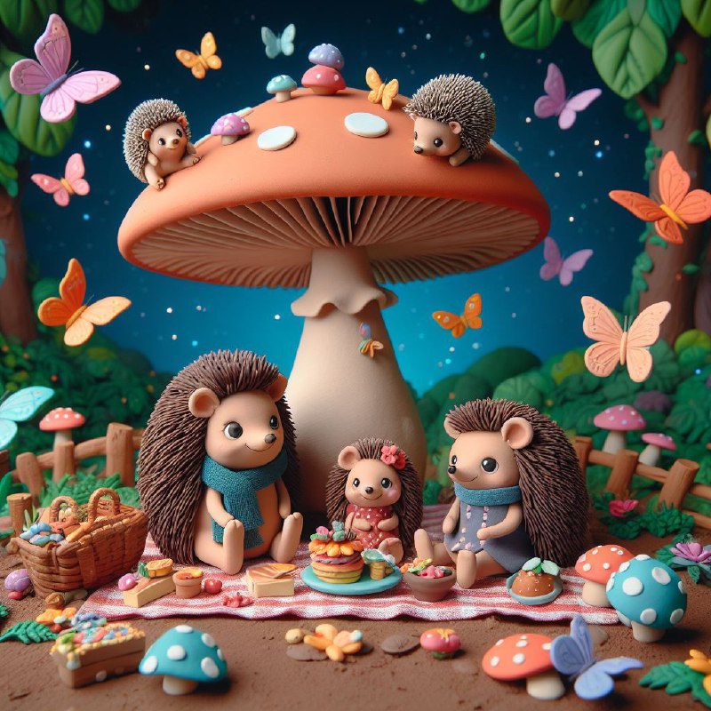 Hedgehog Family Picnic Under Giant Mushroom Claymation