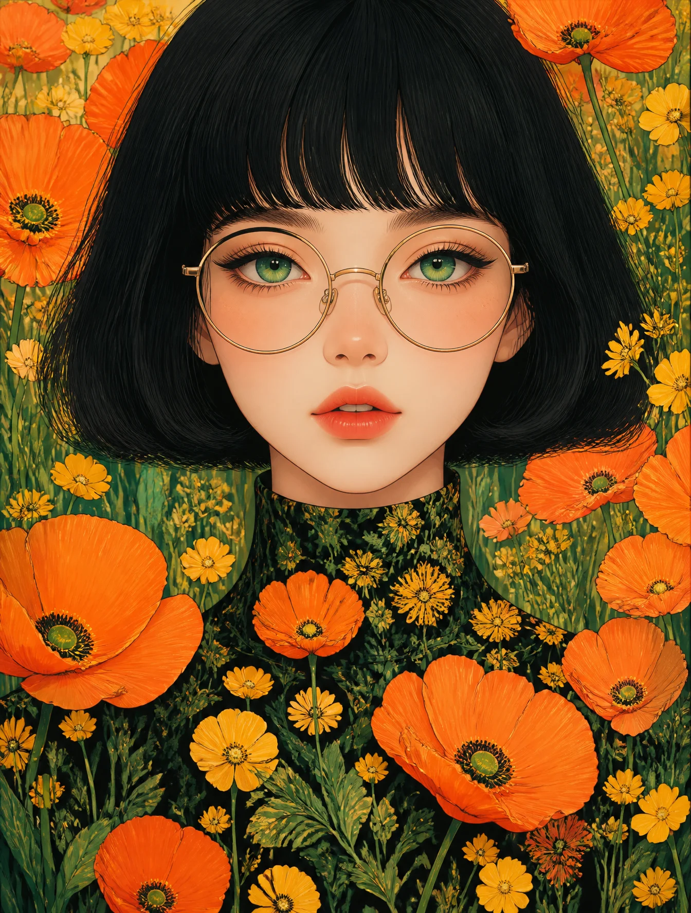Emerald Eyes Girl Amidst Vibrant Poppies