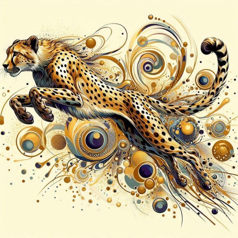Shimmering Gold Cheetah Leaping with Ink Flow