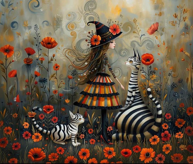 Whimsical Tall Woman With Poppy Hat and Multicolor Hair